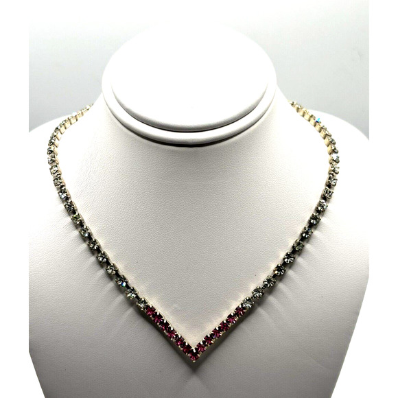 VTG Vintage Rhinestone Necklace Clear Pink J1-3027 - Picture 2 of 11